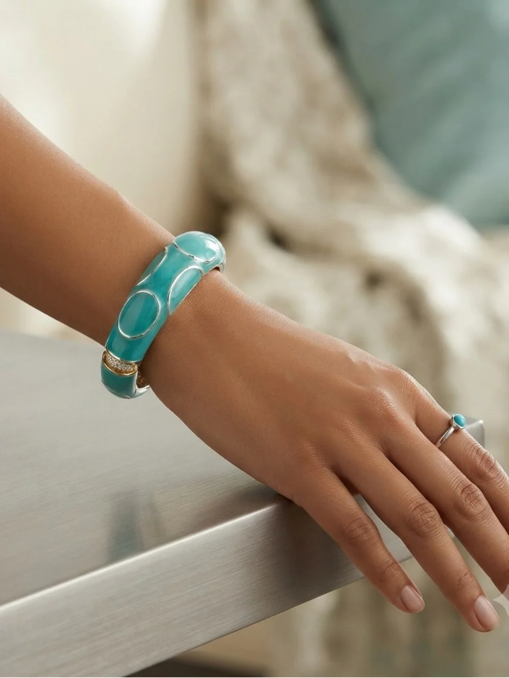 Vintage Turquoise and Silver enamel Bangle Bracelet
